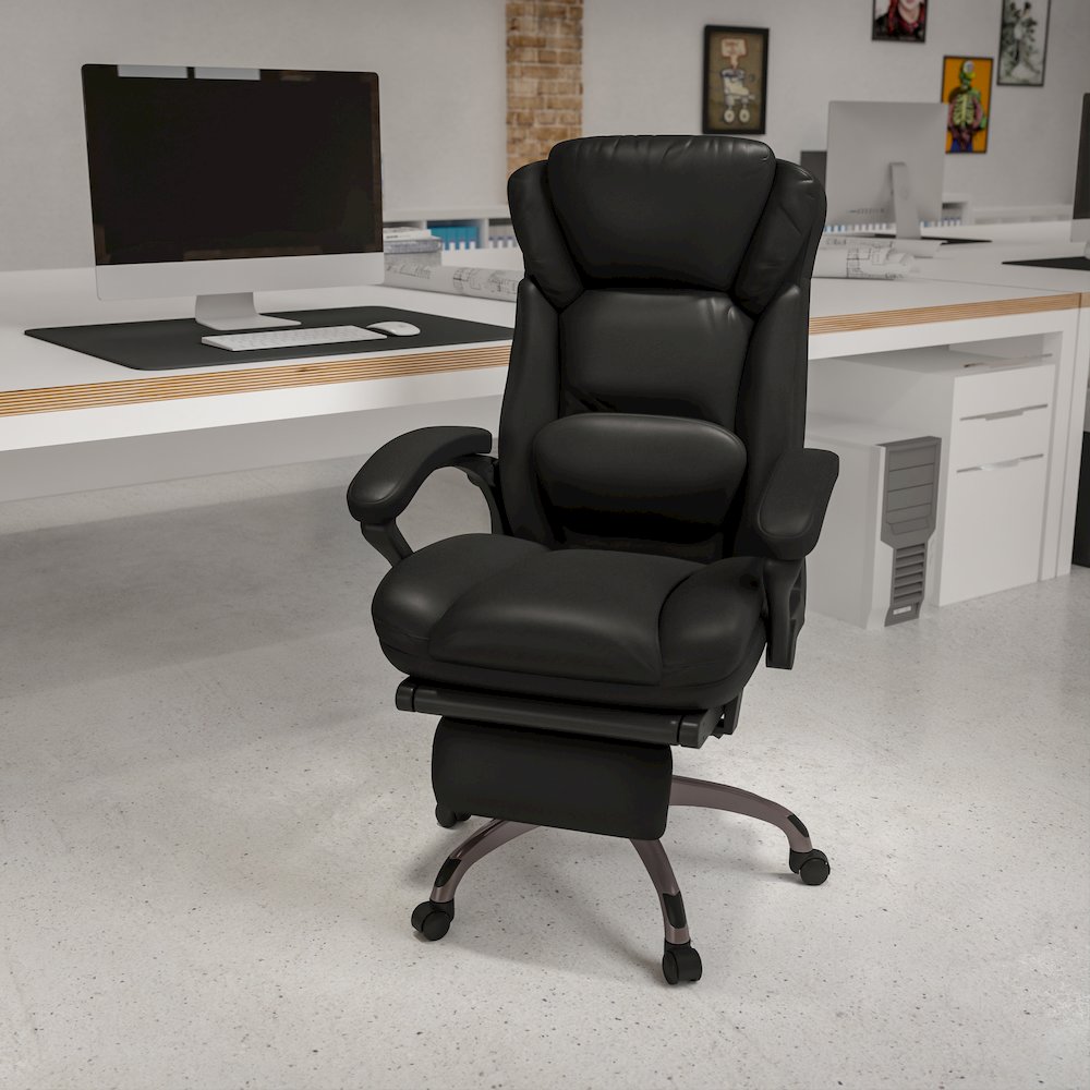 High Back Black Executive Swivel Office Chair with Outer Lumbar Cushion and Arms. Picture 2