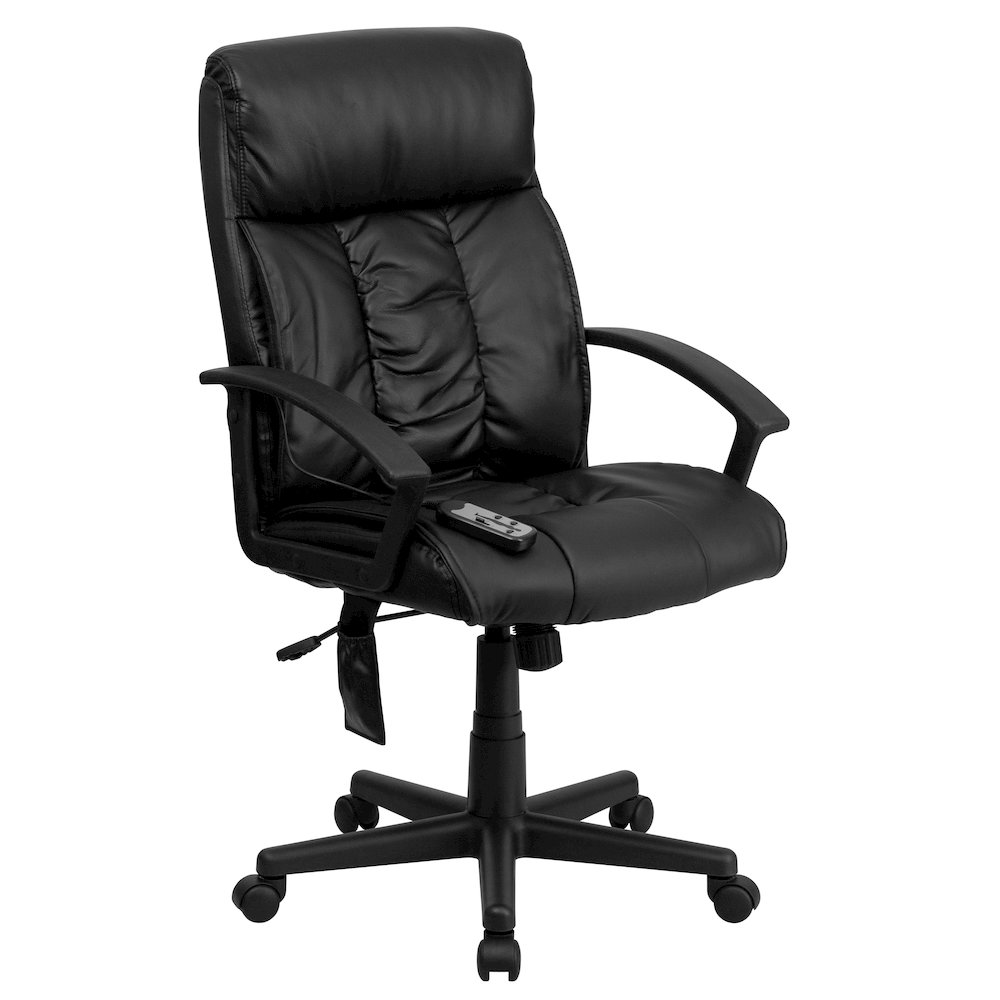 High Back Massaging Black Executive Swivel Office Chair with Side Remote Pocket. Picture 1