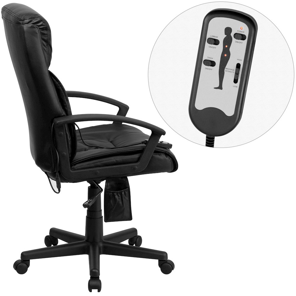 High Back Massaging Black Executive Swivel Office Chair with Side Remote Pocket. Picture 9