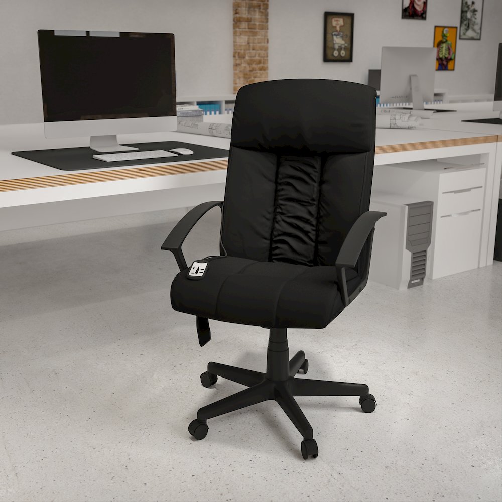High Back Massaging Black Executive Swivel Office Chair with Side Remote Pocket. Picture 2