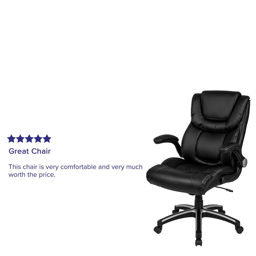 High Back Black LeatherSoft Executive Swivel Office Chair with Double Layered Headrest and Open Arms. Picture 4