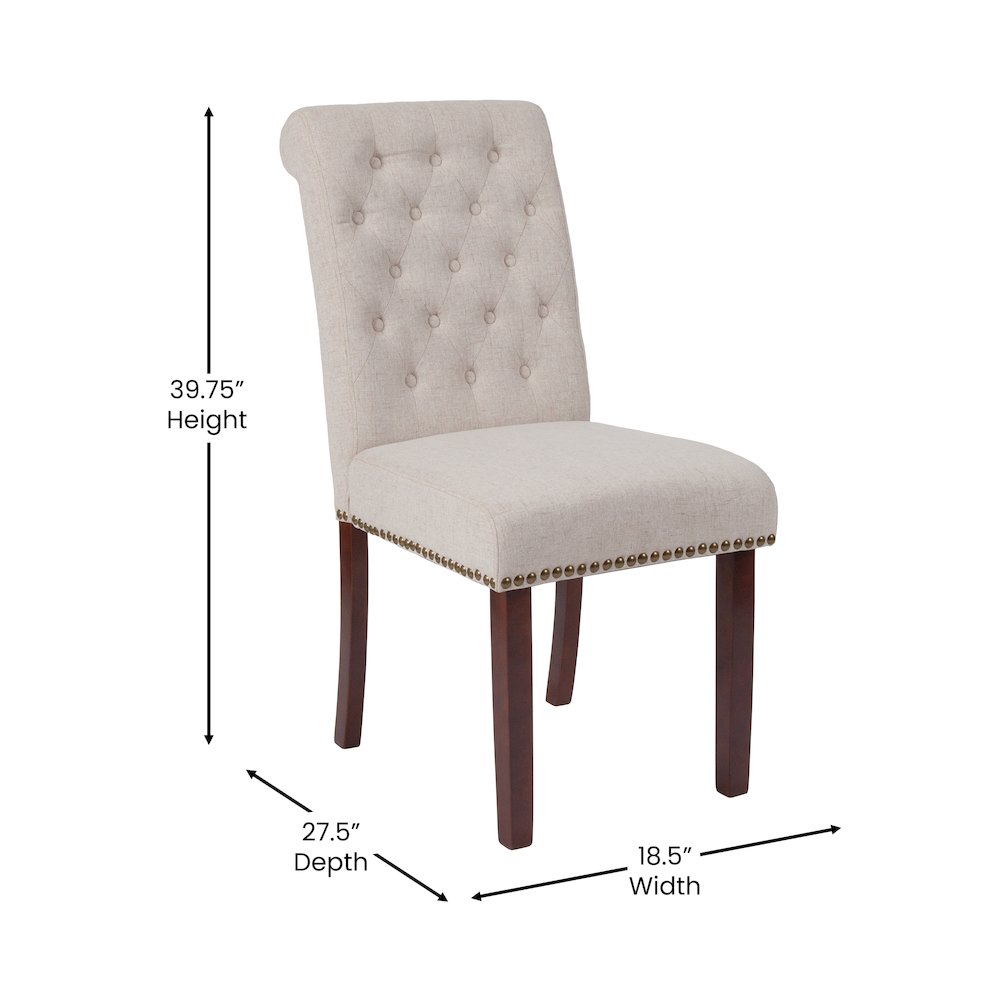 Beige Fabric Parsons Chair with Rolled Back, Accent Nail Trim and Walnut Finish. Picture 5