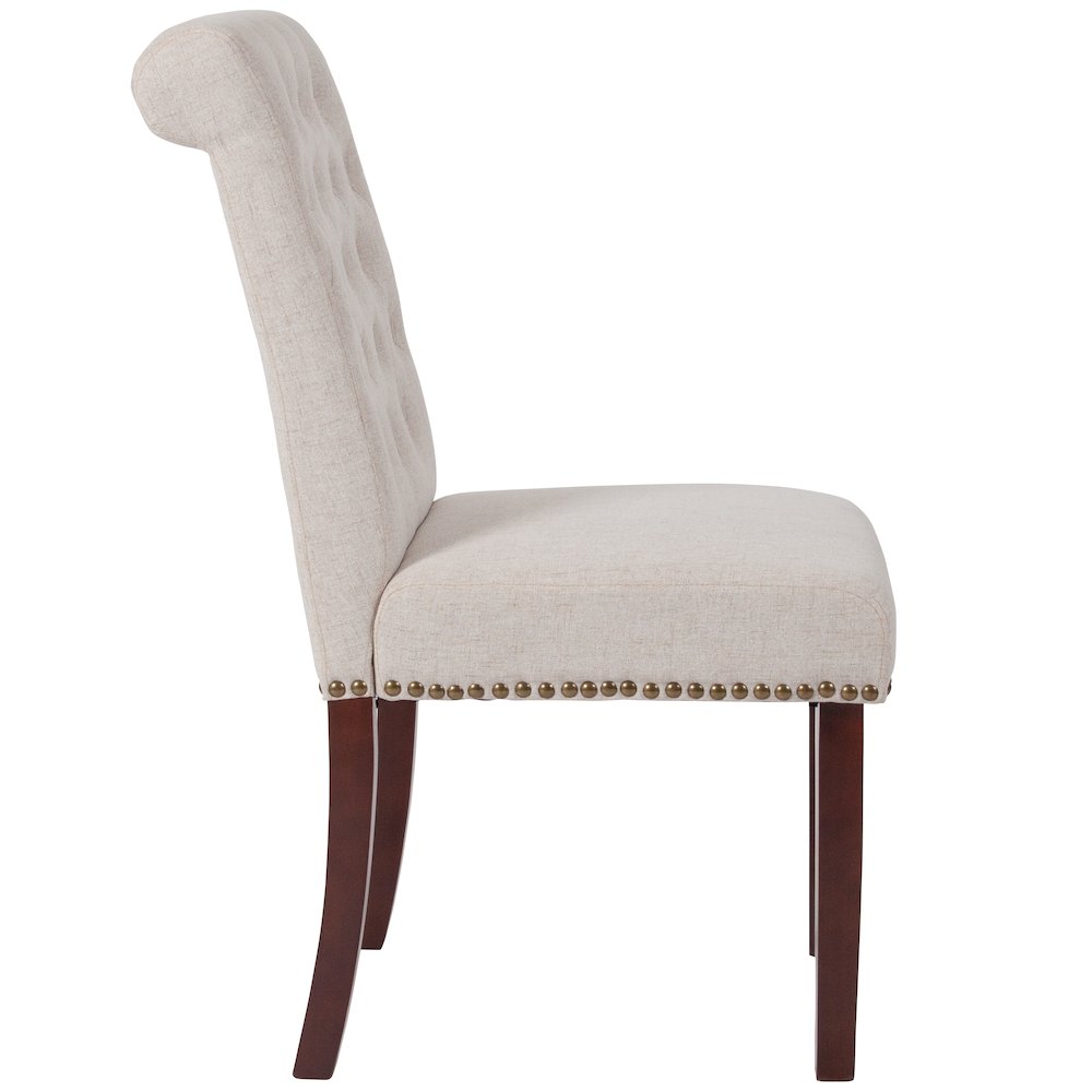 Beige Fabric Parsons Chair with Rolled Back, Accent Nail Trim and Walnut Finish. Picture 8