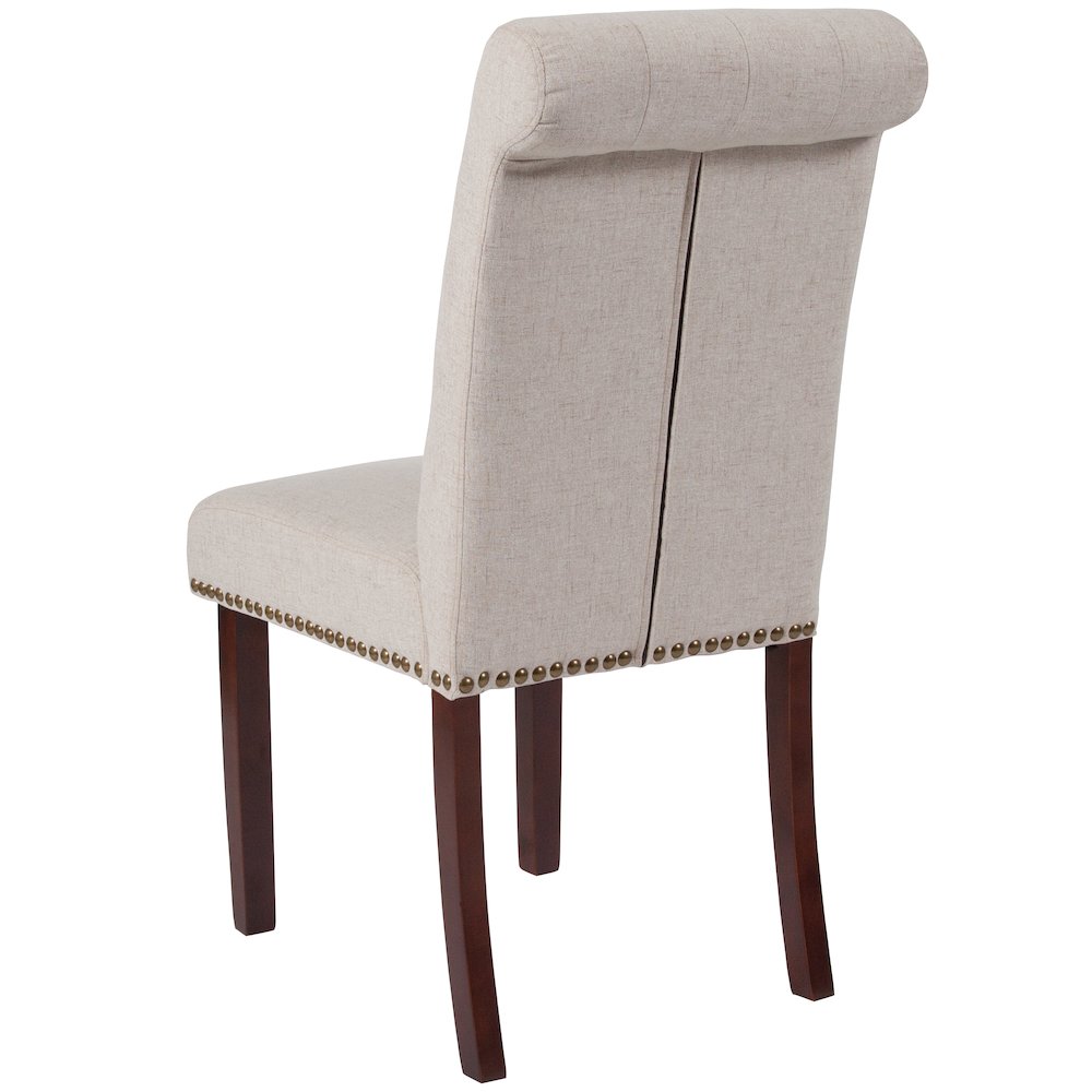 Beige Fabric Parsons Chair with Rolled Back, Accent Nail Trim and Walnut Finish. Picture 6