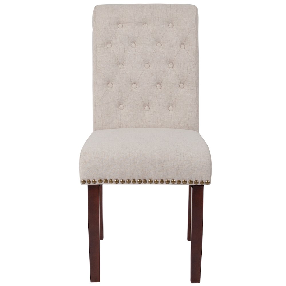 Beige Fabric Parsons Chair with Rolled Back, Accent Nail Trim and Walnut Finish. Picture 9