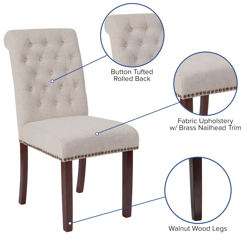 Beige Fabric Parsons Chair with Rolled Back, Accent Nail Trim and Walnut Finish. Picture 4