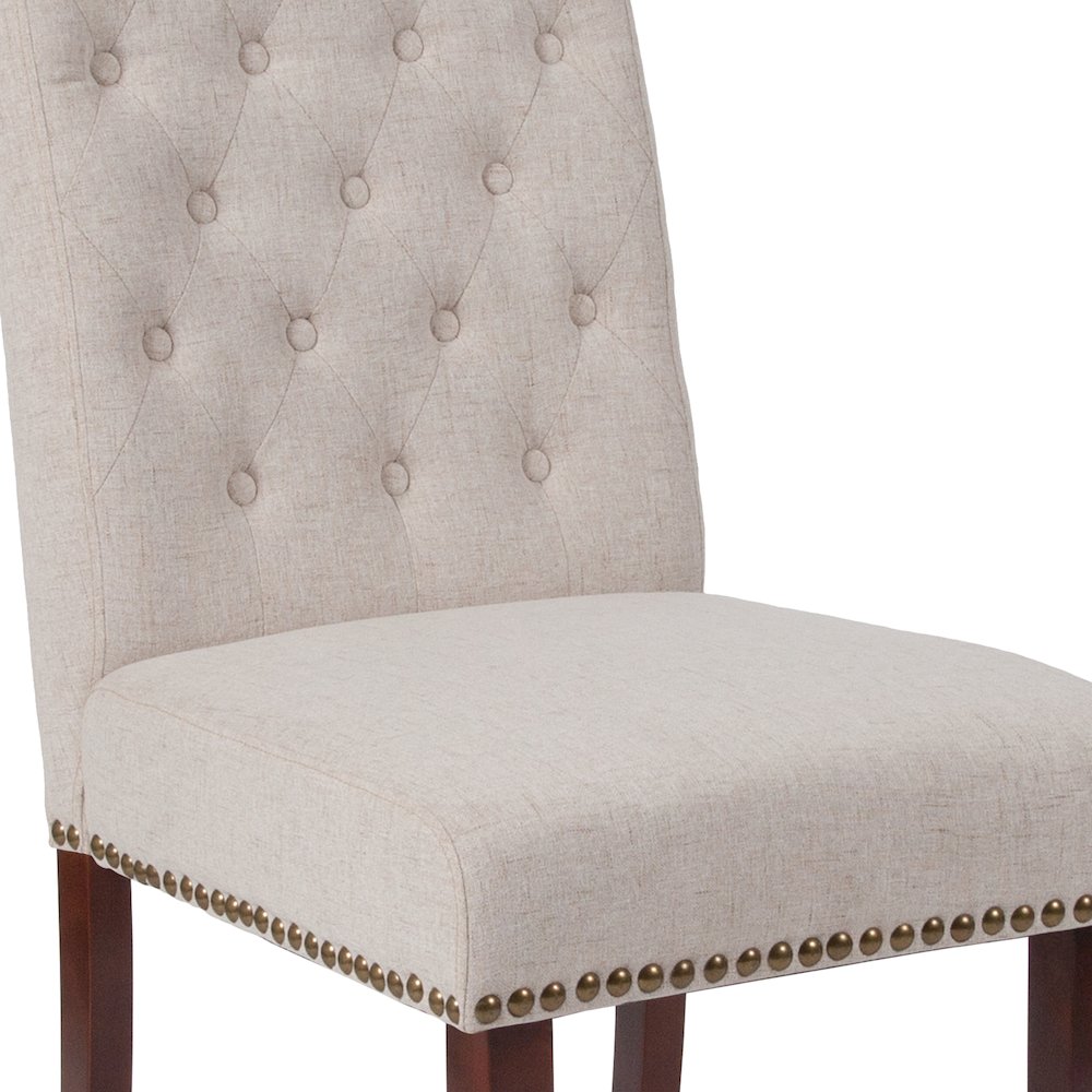 Beige Fabric Parsons Chair with Rolled Back, Accent Nail Trim and Walnut Finish. Picture 7