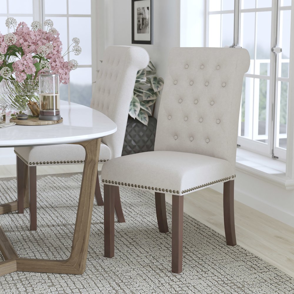 Beige Fabric Parsons Chair with Rolled Back, Accent Nail Trim and Walnut Finish. Picture 2