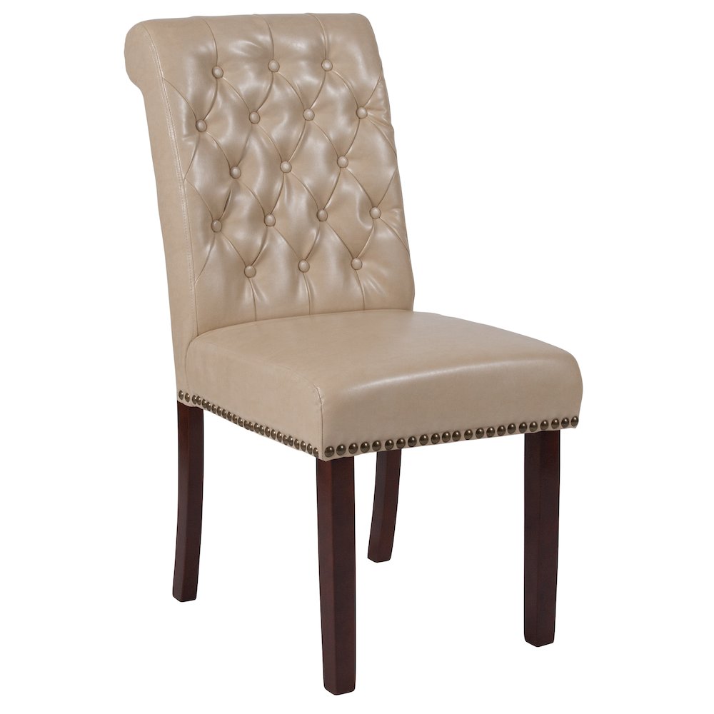 Beige Parsons Chair with Rolled Back, Accent Nail Trim and Walnut Finish. Picture 1