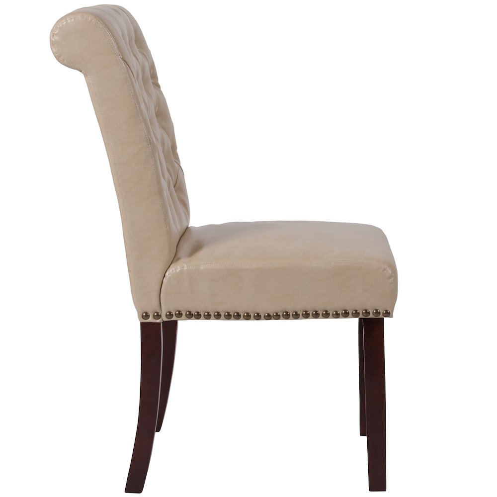 Beige Parsons Chair with Rolled Back, Accent Nail Trim and Walnut Finish. Picture 9