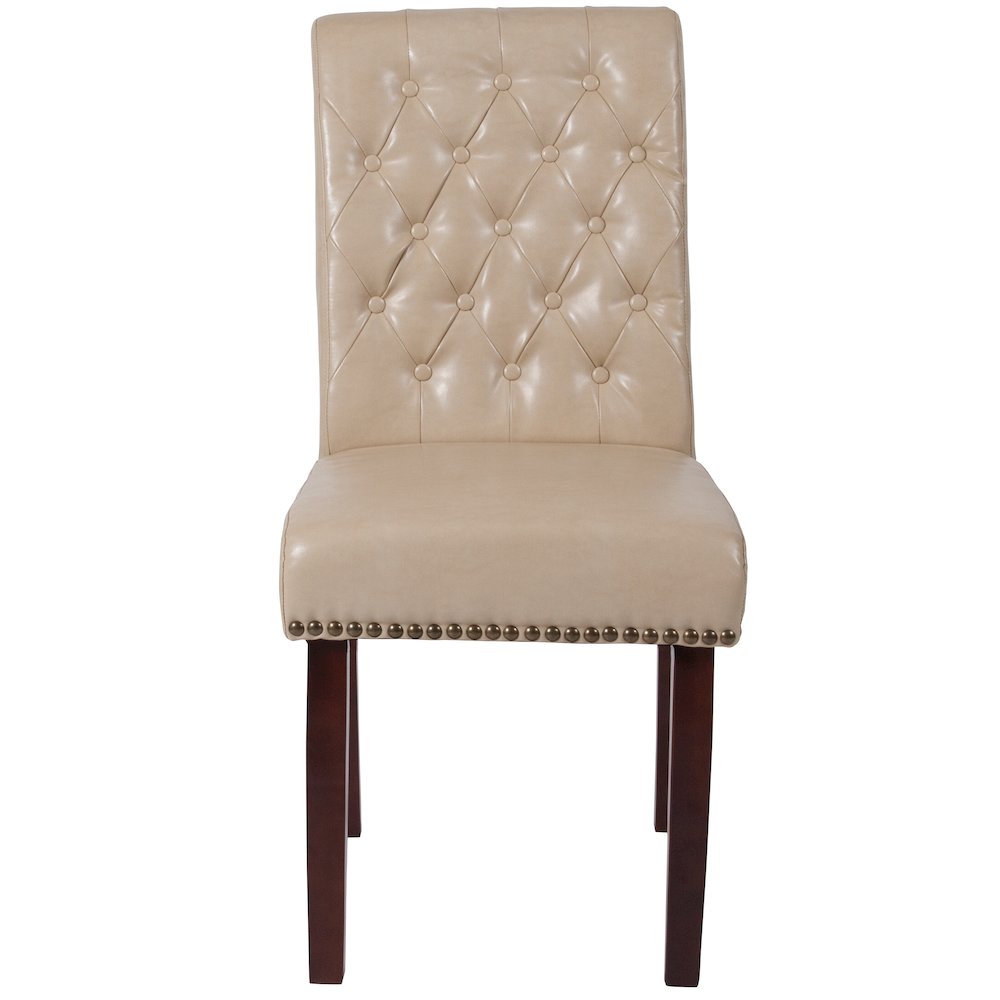 Beige Parsons Chair with Rolled Back, Accent Nail Trim and Walnut Finish. Picture 10