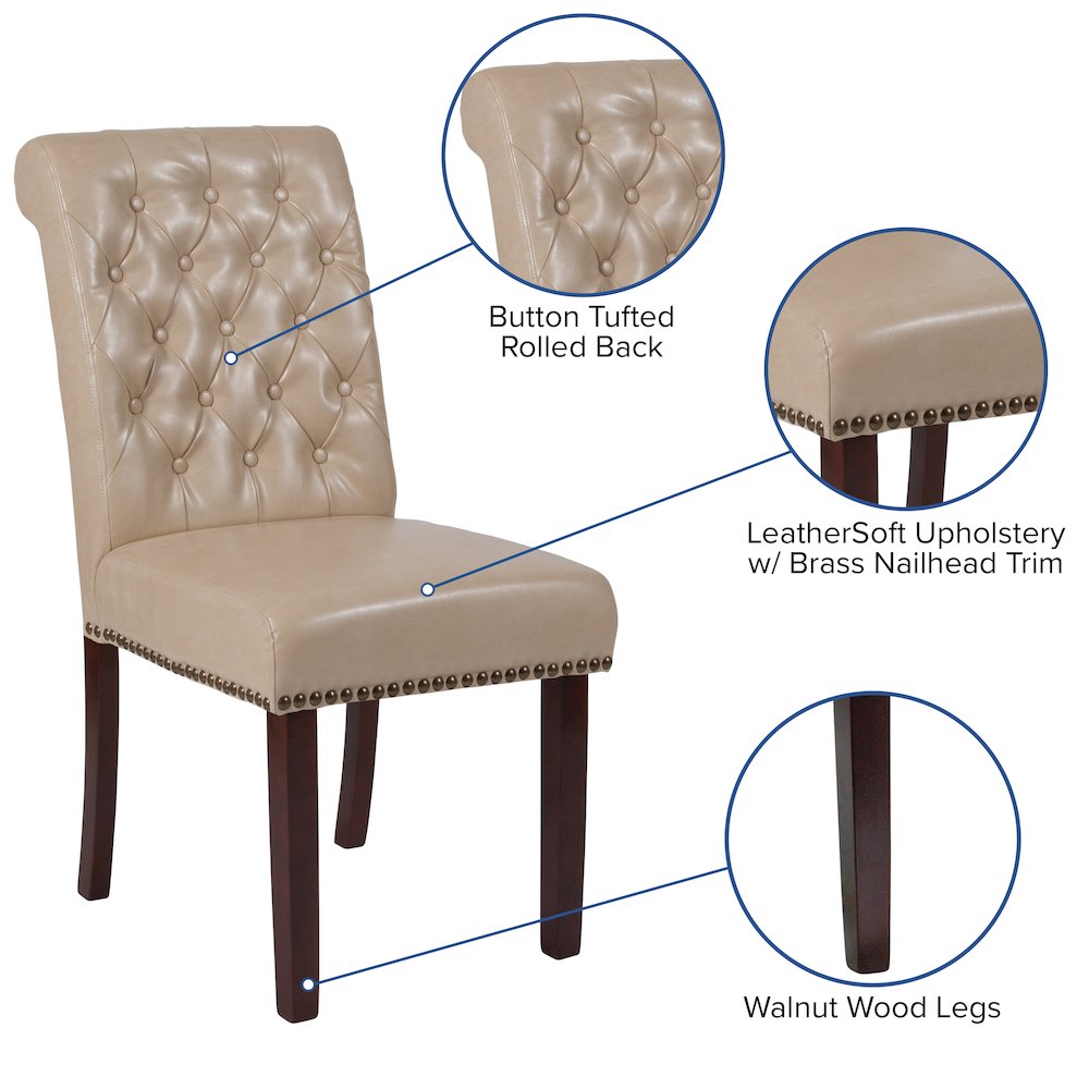 Beige Parsons Chair with Rolled Back, Accent Nail Trim and Walnut Finish. Picture 5