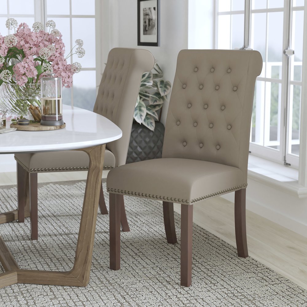 Beige Parsons Chair with Rolled Back, Accent Nail Trim and Walnut Finish. Picture 2