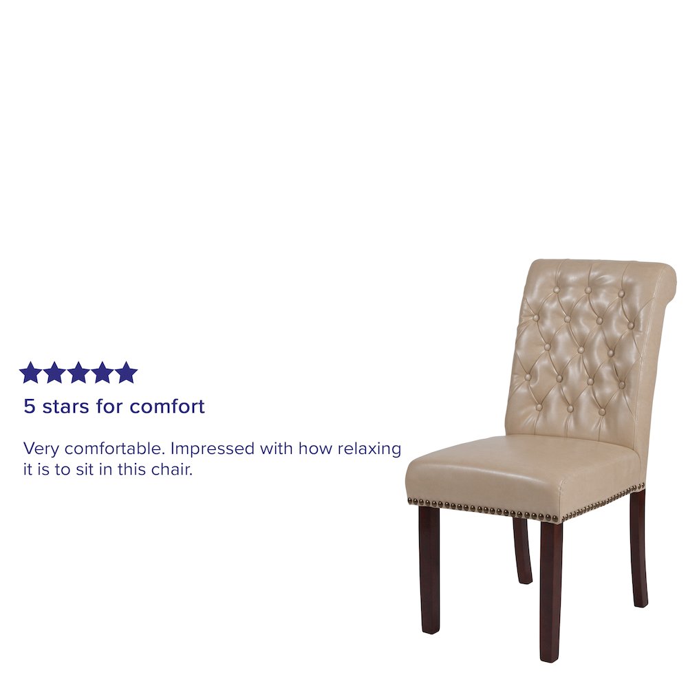 Beige Parsons Chair with Rolled Back, Accent Nail Trim and Walnut Finish. Picture 4