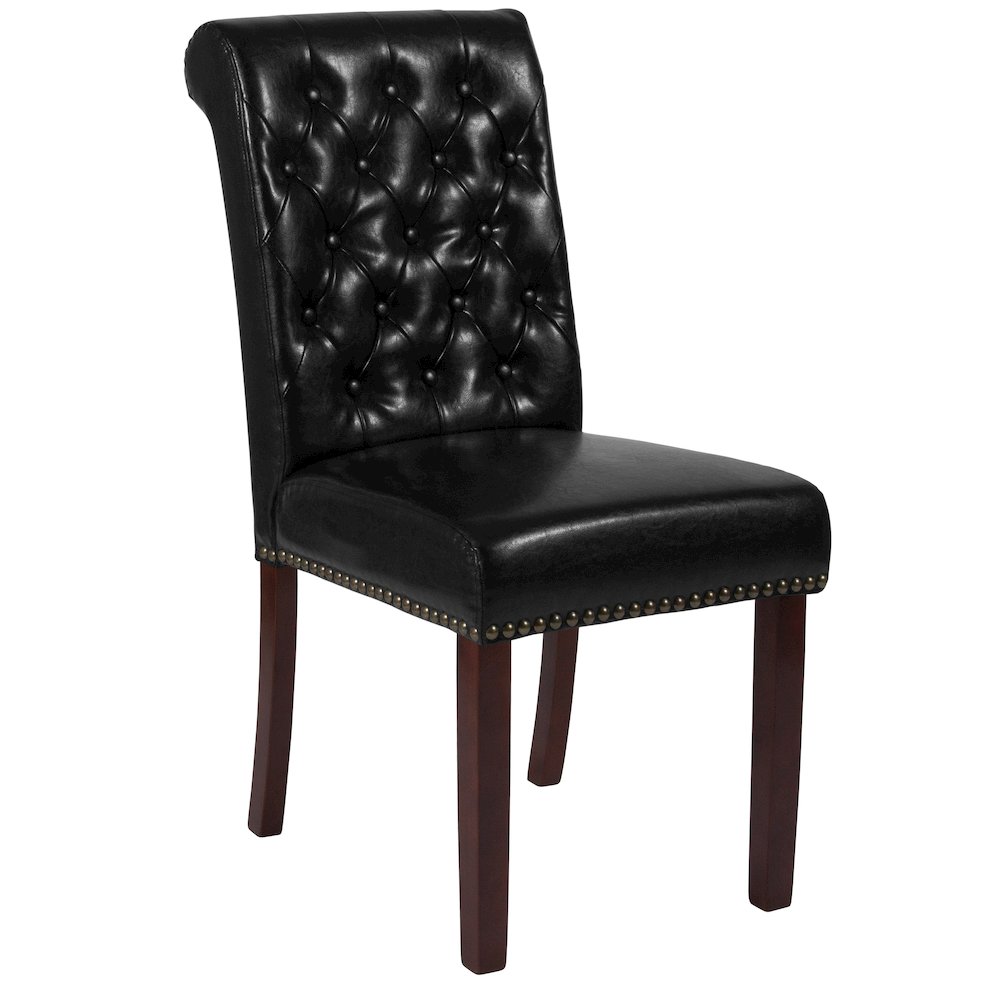 Black Parsons Chair with Rolled Back, Accent Nail Trim and Walnut Finish. Picture 1