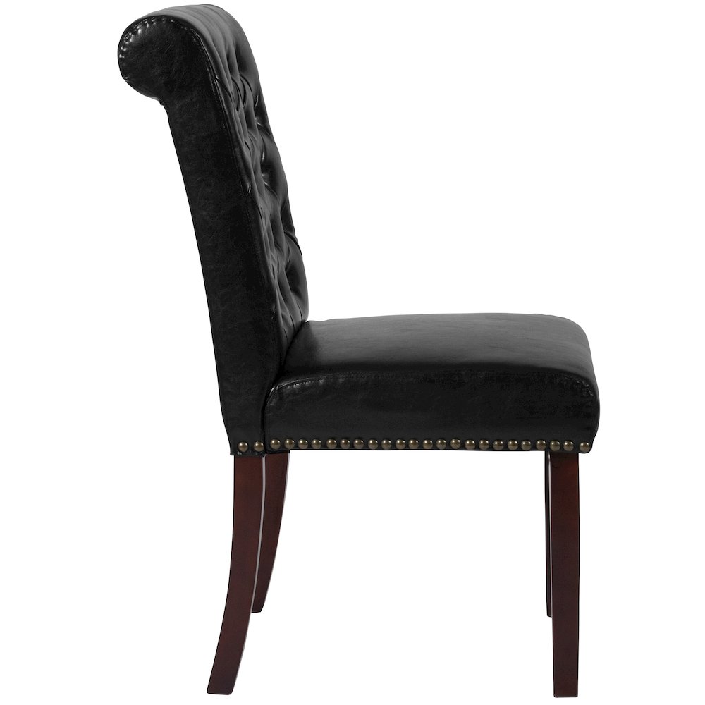 Black Parsons Chair with Rolled Back, Accent Nail Trim and Walnut Finish. Picture 8