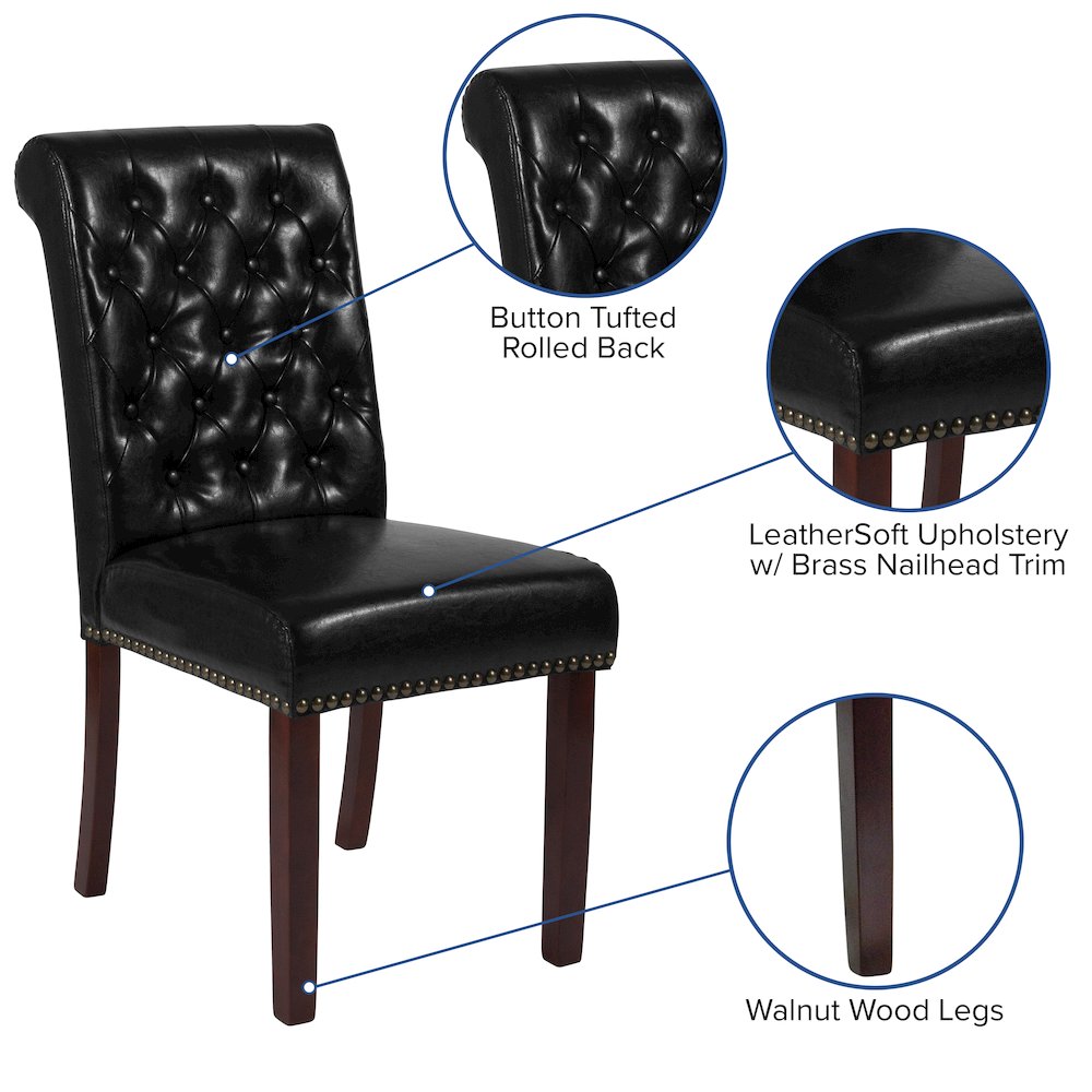 Black Parsons Chair with Rolled Back, Accent Nail Trim and Walnut Finish. Picture 4