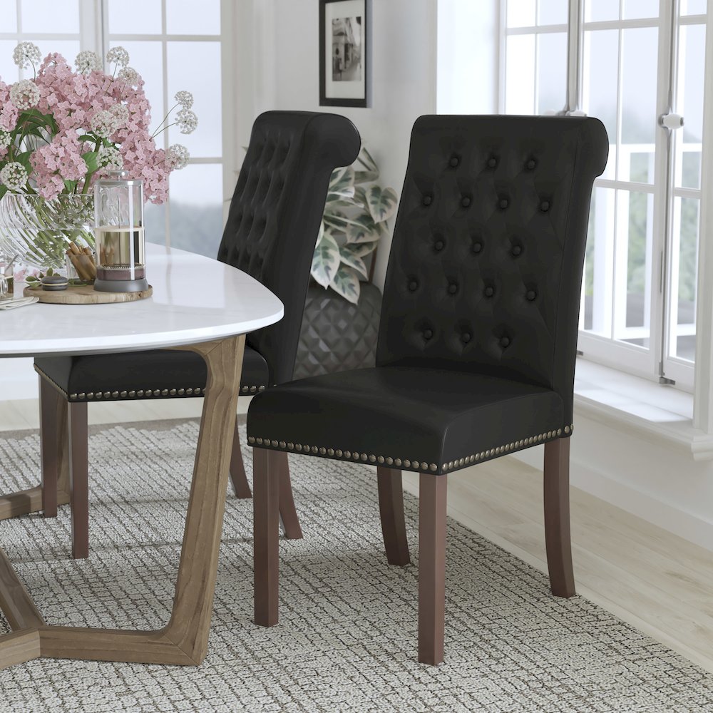 Black Parsons Chair with Rolled Back, Accent Nail Trim and Walnut Finish. Picture 2