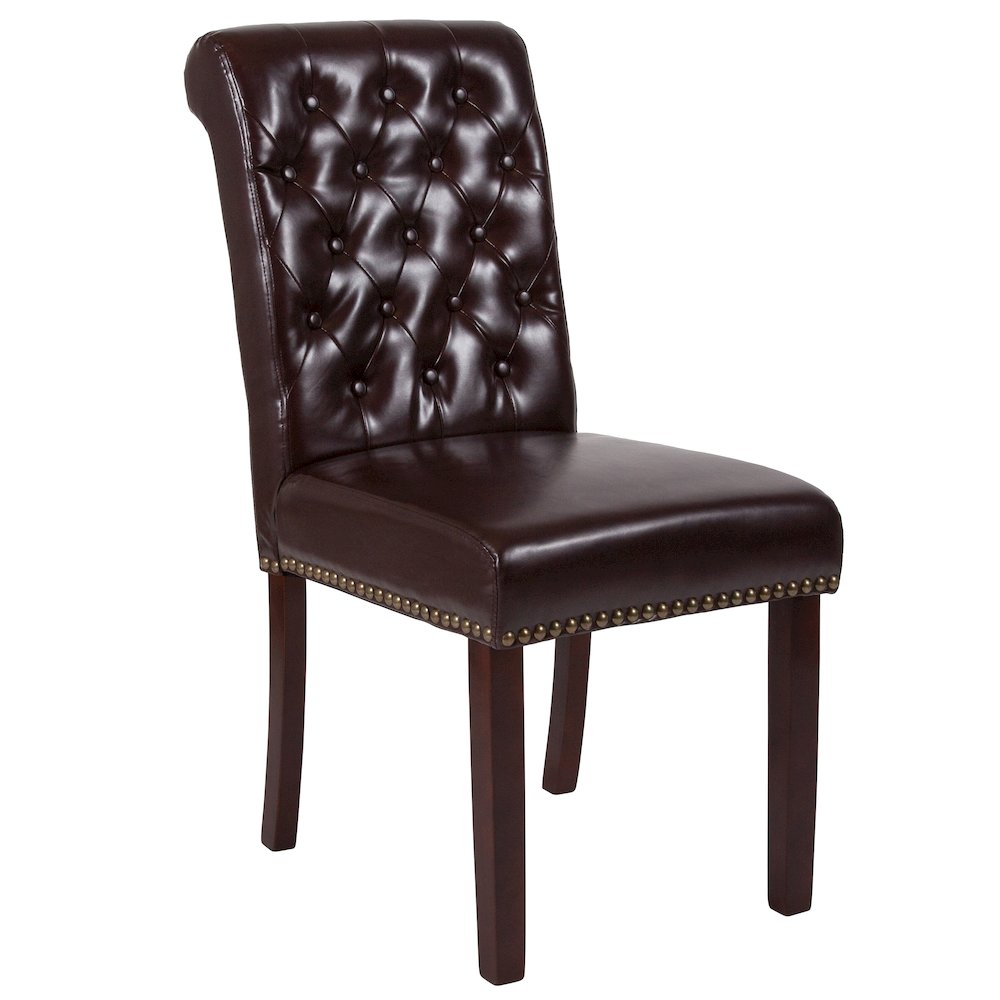 Brown Parsons Chair with Rolled Back, Accent Nail Trim and Walnut Finish. Picture 1