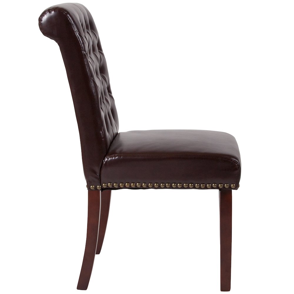 Brown Parsons Chair with Rolled Back, Accent Nail Trim and Walnut Finish. Picture 8