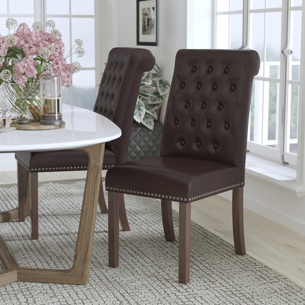 Brown Parsons Chair with Rolled Back, Accent Nail Trim and Walnut Finish. Picture 2