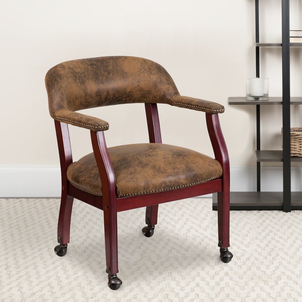 Bomber Jacket Brown Luxurious Conference Chair with Accent Nail Trim and Casters. Picture 2