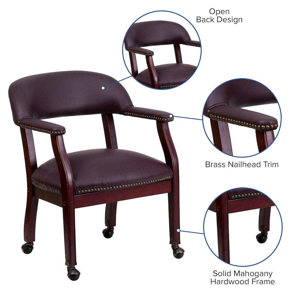 Burgundy LeatherSoft Conference Chair with Accent Nail Trim and Casters. Picture 4