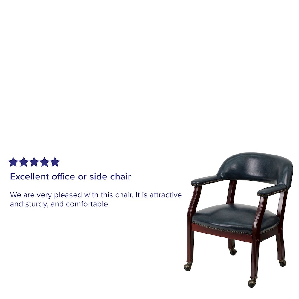 Navy Vinyl Luxurious Conference Chair with Accent Nail Trim and Casters. Picture 4
