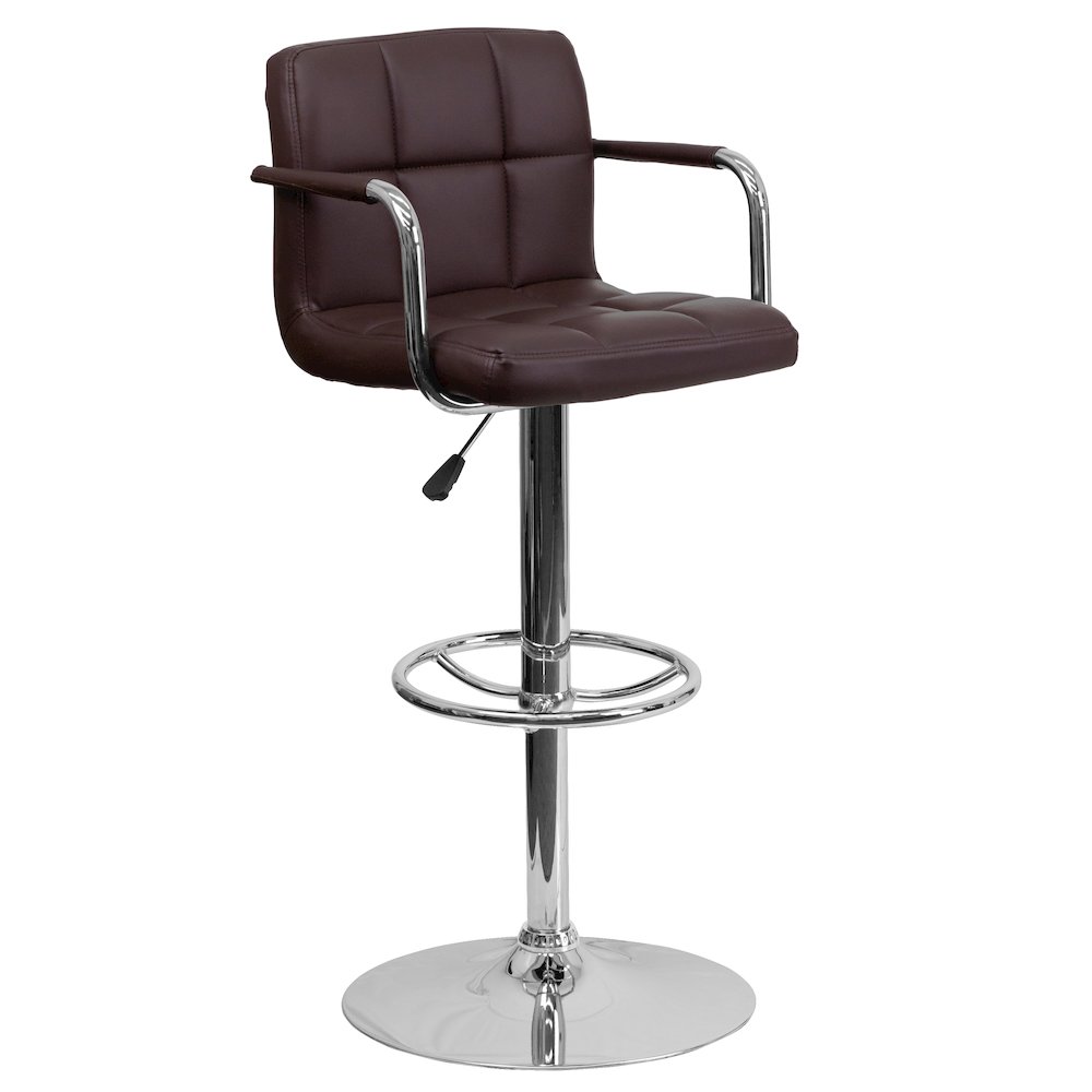 Brown Quilted Vinyl Adjustable Height Barstool with Arms and Chrome Base. Picture 1