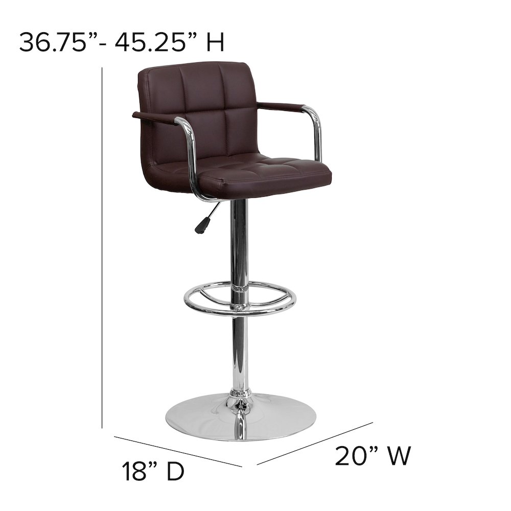 Brown Quilted Vinyl Adjustable Height Barstool with Arms and Chrome Base. Picture 6