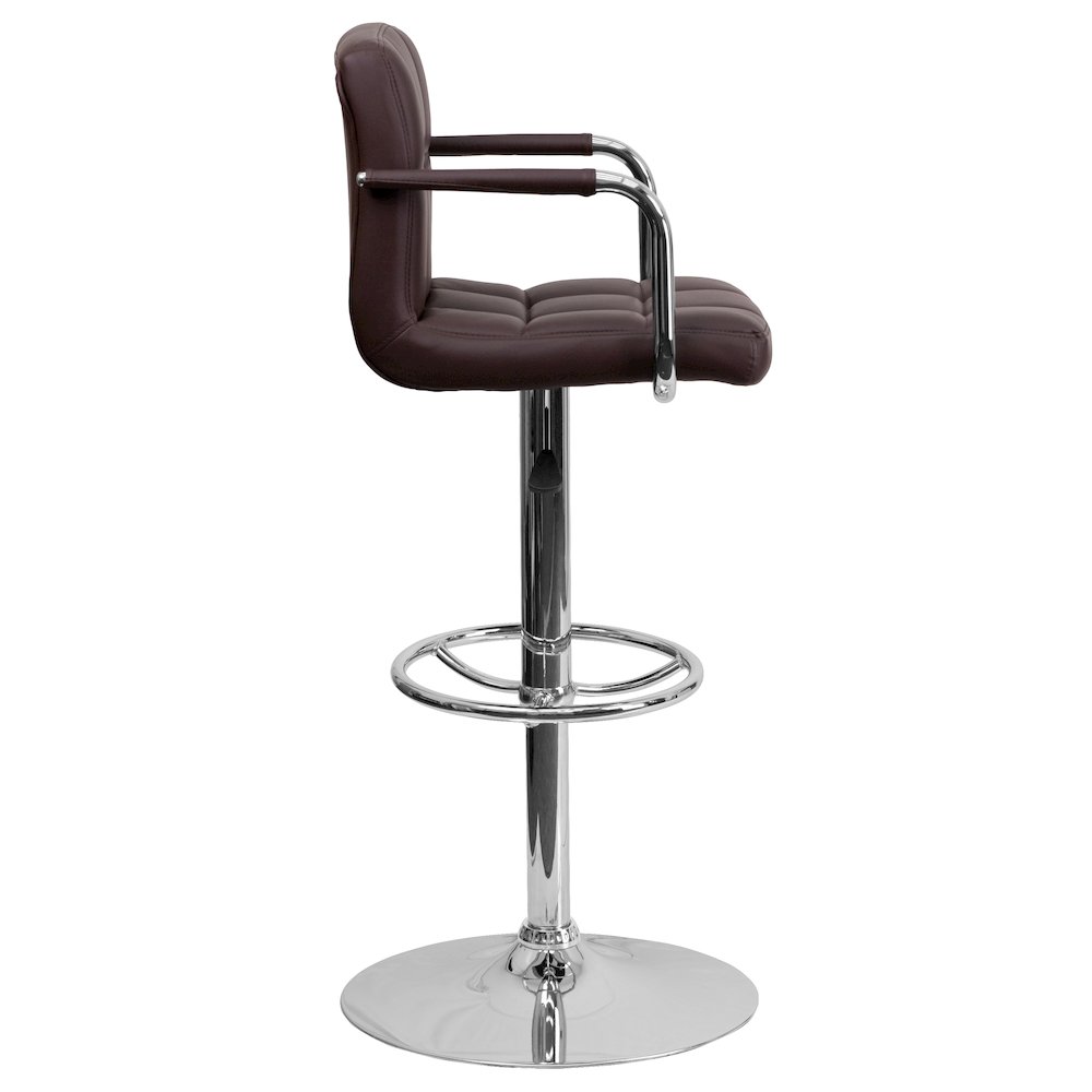 Brown Quilted Vinyl Adjustable Height Barstool with Arms and Chrome Base. Picture 9