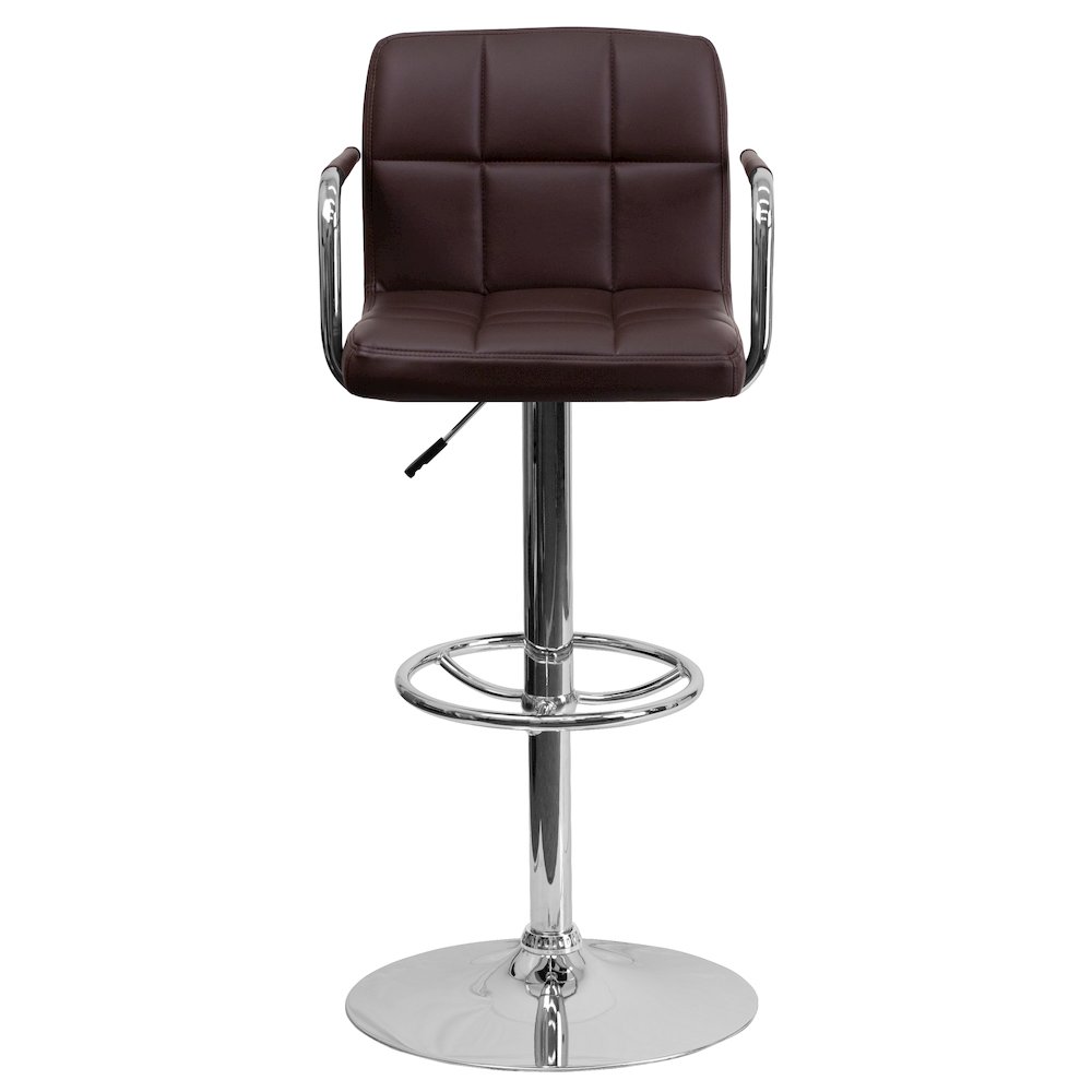 Brown Quilted Vinyl Adjustable Height Barstool with Arms and Chrome Base. Picture 10