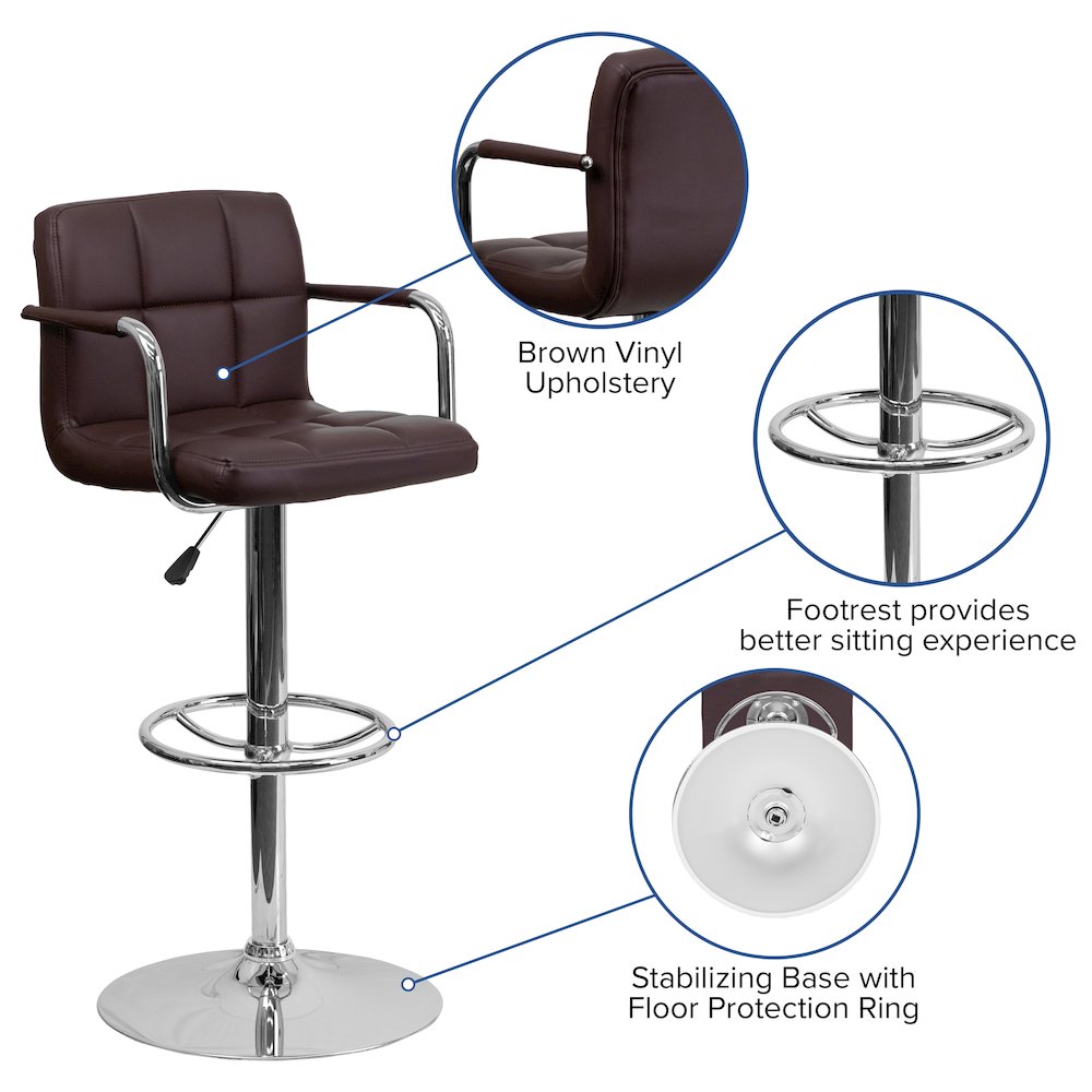 Brown Quilted Vinyl Adjustable Height Barstool with Arms and Chrome Base. Picture 5
