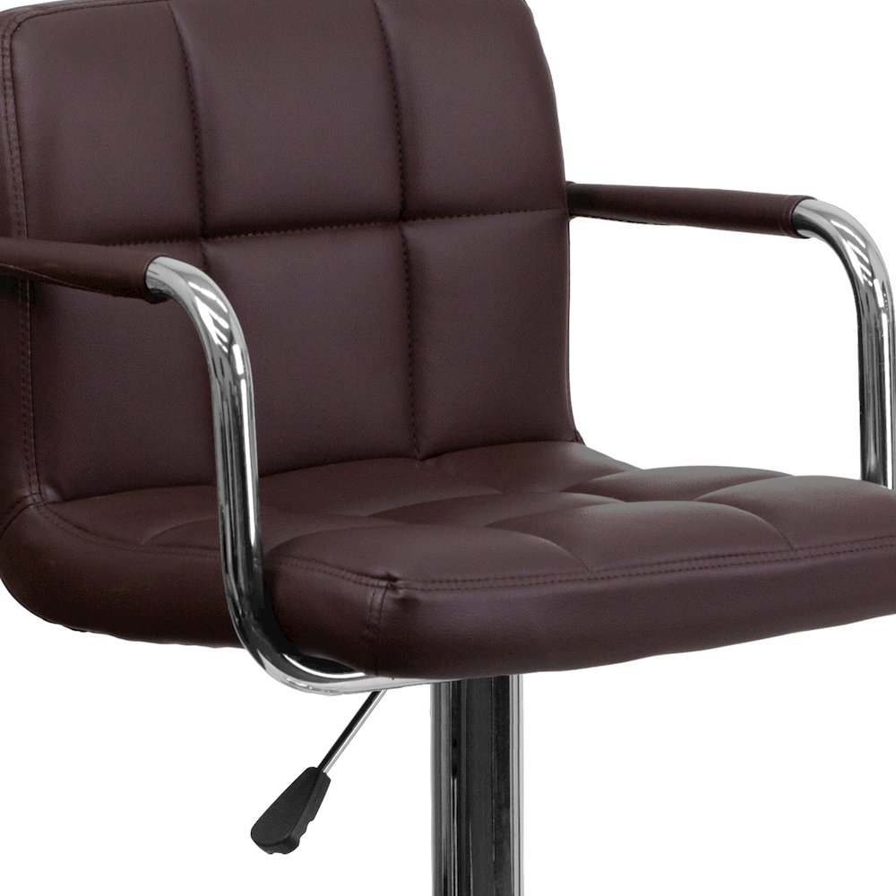 Brown Quilted Vinyl Adjustable Height Barstool with Arms and Chrome Base. Picture 8