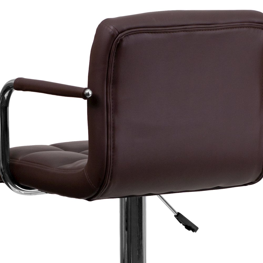 Brown Quilted Vinyl Adjustable Height Barstool with Arms and Chrome Base. Picture 11