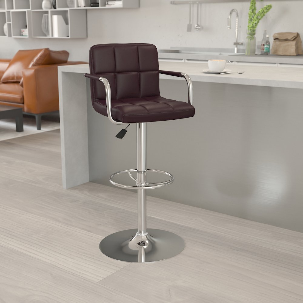 Brown Quilted Vinyl Adjustable Height Barstool with Arms and Chrome Base. Picture 2