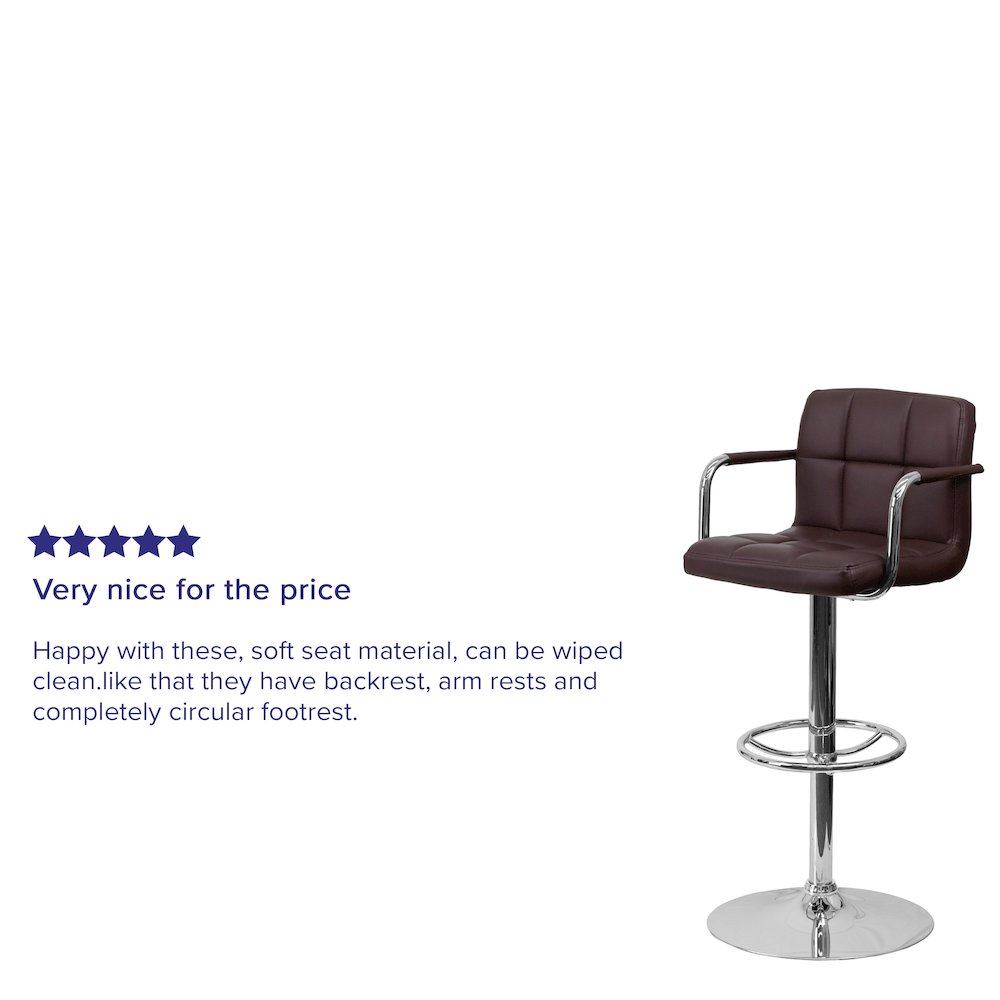 Brown Quilted Vinyl Adjustable Height Barstool with Arms and Chrome Base. Picture 4
