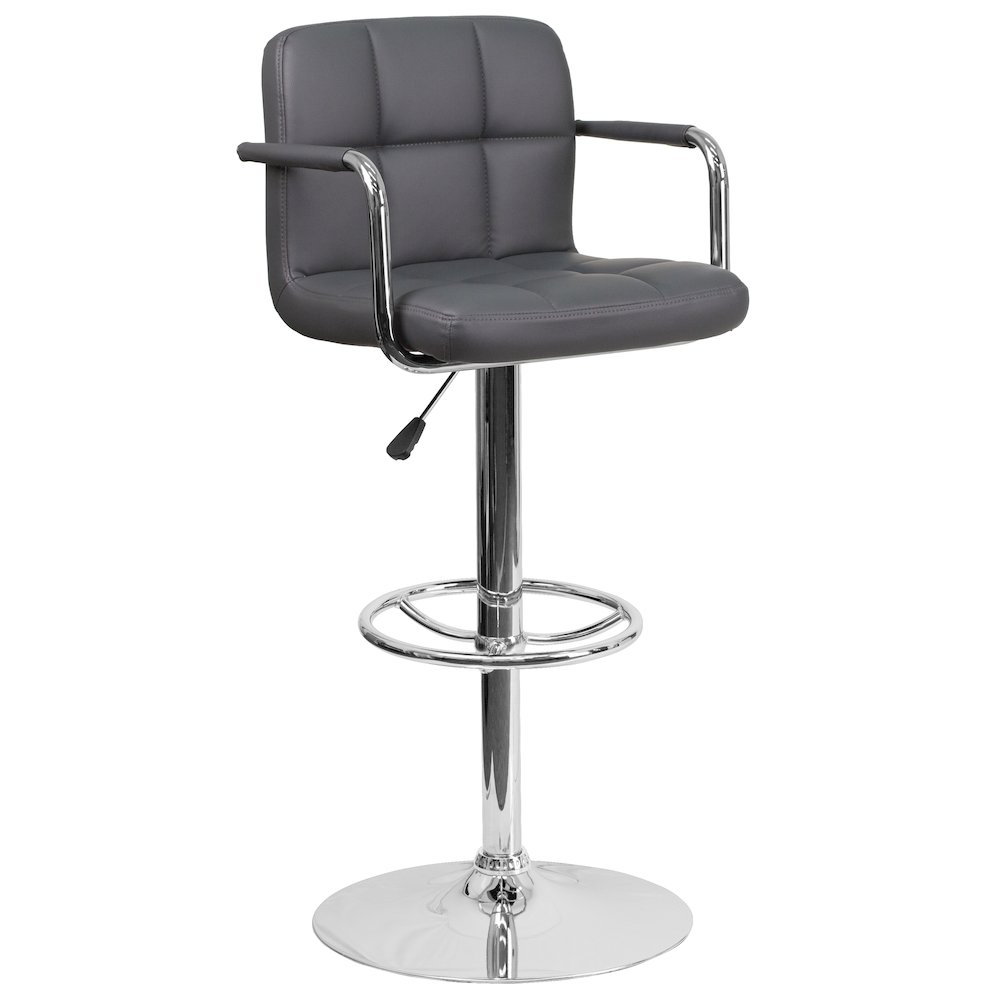 Contemporary Gray Quilted Vinyl Adjustable Height Barstool with Arms and Chrome Base. Picture 1