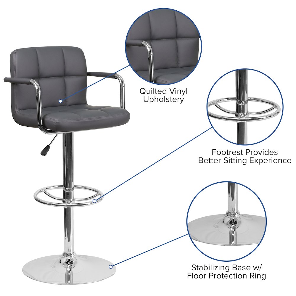 Gray Quilted Vinyl Adjustable Height Barstool with Arms and Chrome Base. Picture 5