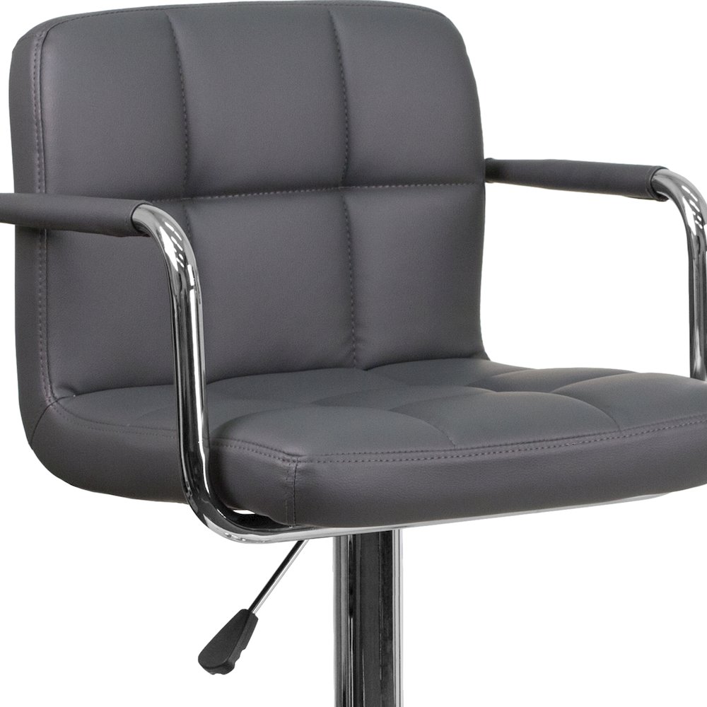 Gray Quilted Vinyl Adjustable Height Barstool with Arms and Chrome Base. Picture 10