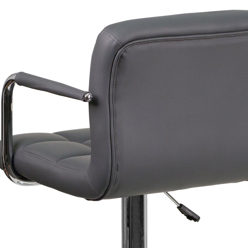 Gray Quilted Vinyl Adjustable Height Barstool with Arms and Chrome Base. Picture 7