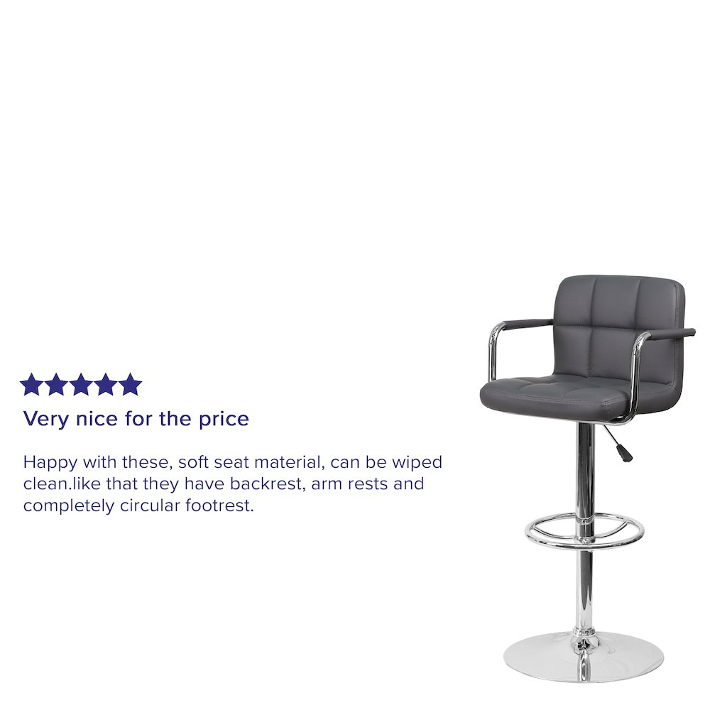 Gray Quilted Vinyl Adjustable Height Barstool with Arms and Chrome Base. Picture 4