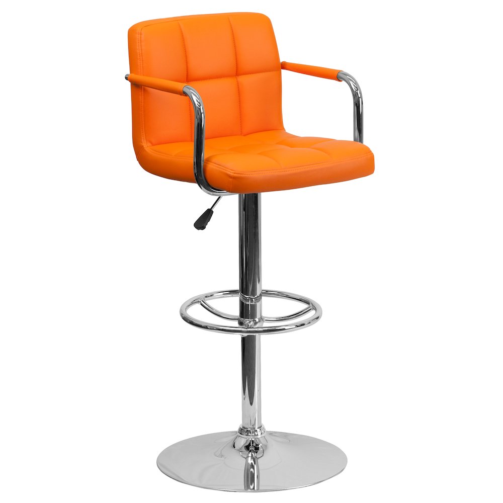 Orange Quilted Vinyl Adjustable Height Barstool with Arms and Chrome Base. Picture 1