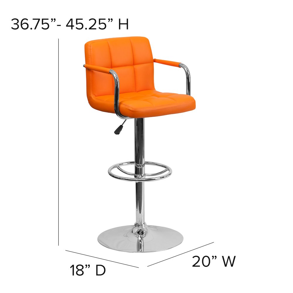 Orange Quilted Vinyl Adjustable Height Barstool with Arms and Chrome Base. Picture 6