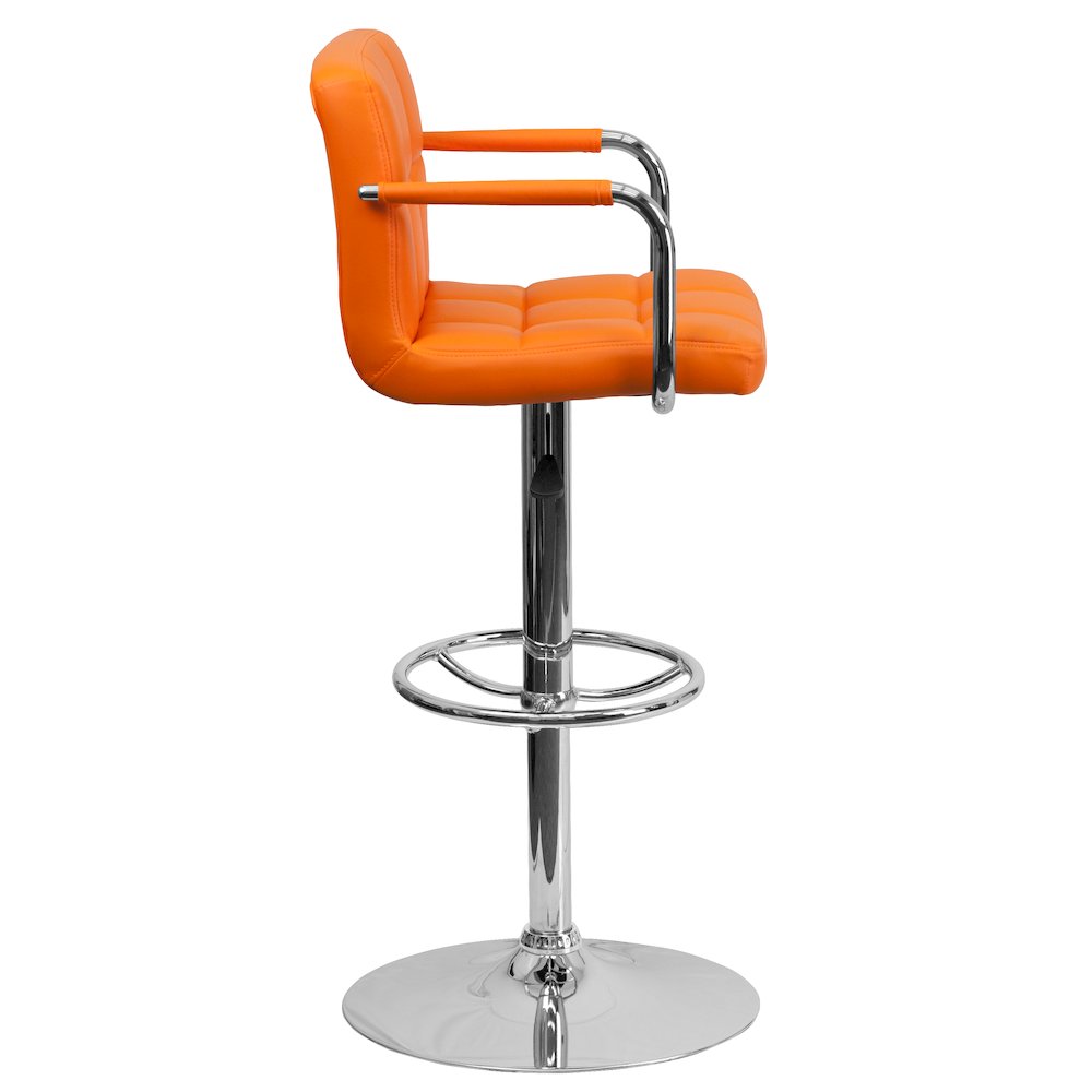 Orange Quilted Vinyl Adjustable Height Barstool with Arms and Chrome Base. Picture 9
