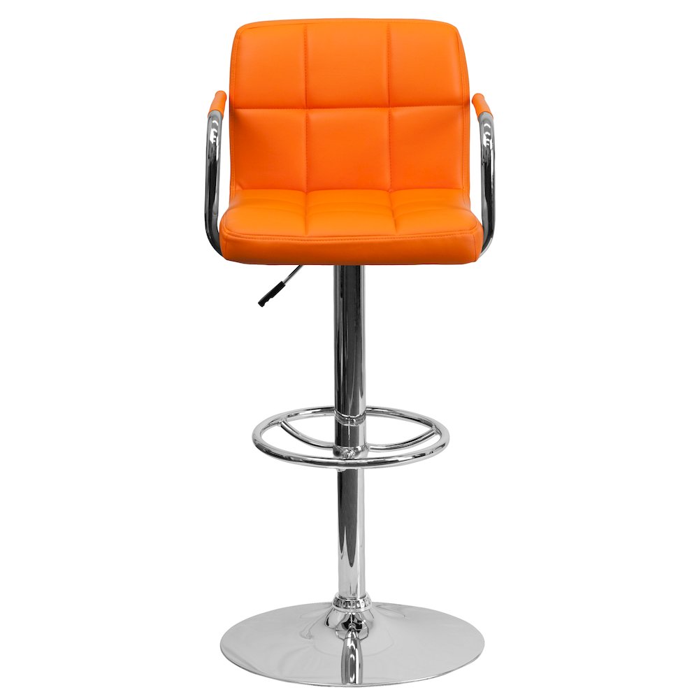 Orange Quilted Vinyl Adjustable Height Barstool with Arms and Chrome Base. Picture 10