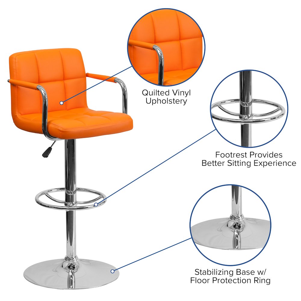 Orange Quilted Vinyl Adjustable Height Barstool with Arms and Chrome Base. Picture 5