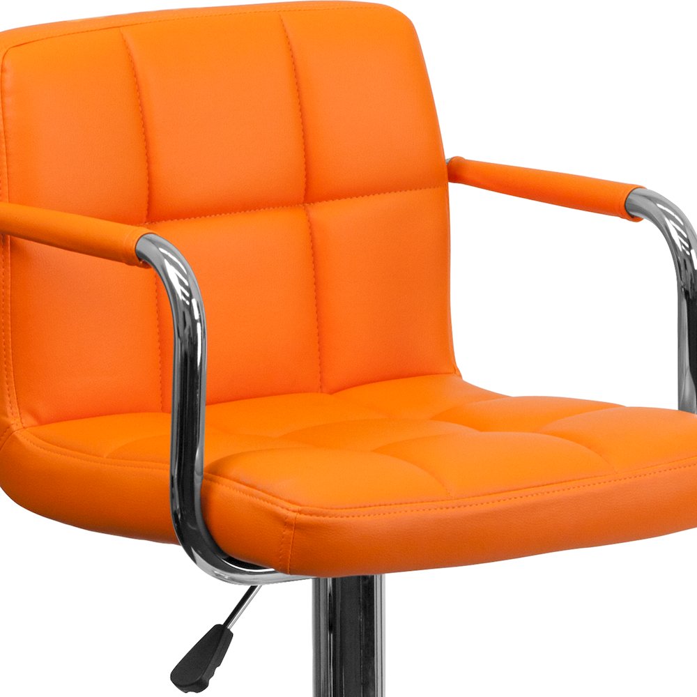 Orange Quilted Vinyl Adjustable Height Barstool with Arms and Chrome Base. Picture 8