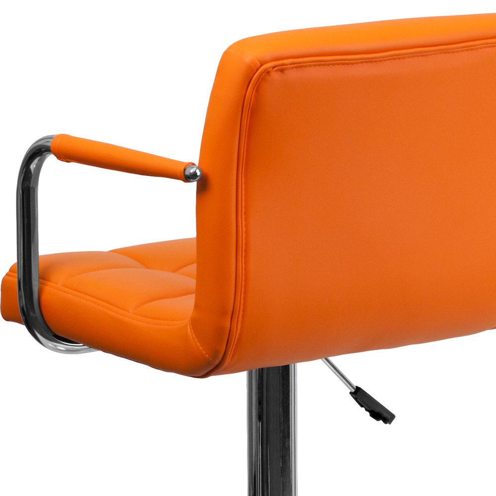 Orange Quilted Vinyl Adjustable Height Barstool with Arms and Chrome Base. Picture 11
