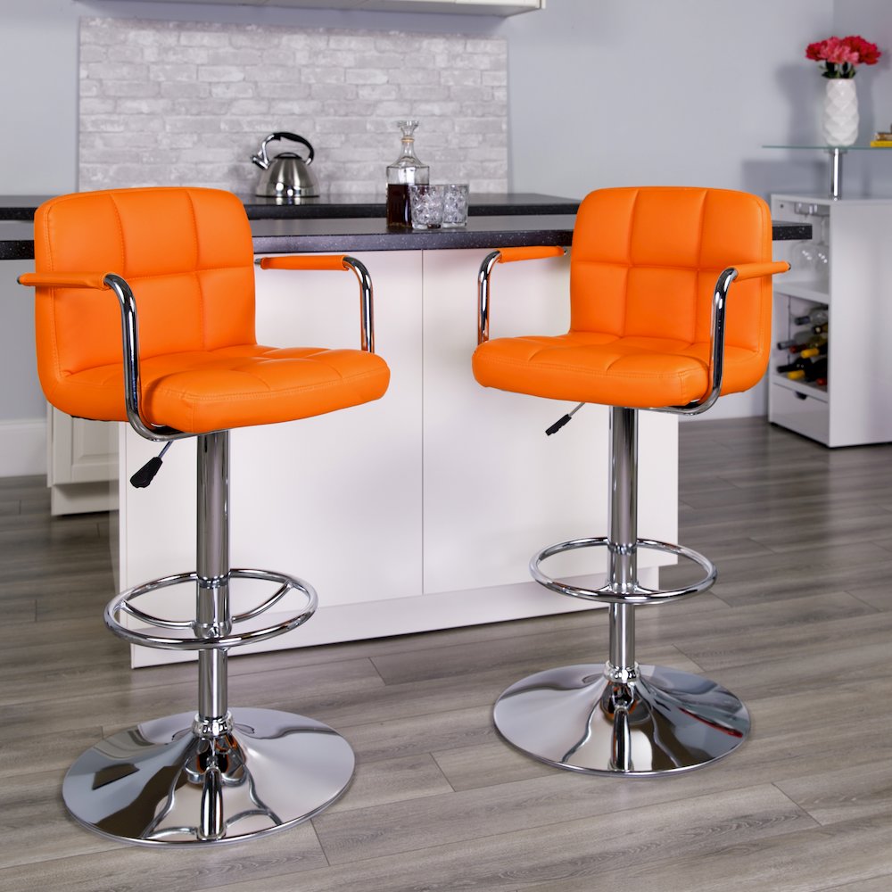 Orange Quilted Vinyl Adjustable Height Barstool with Arms and Chrome Base. Picture 2